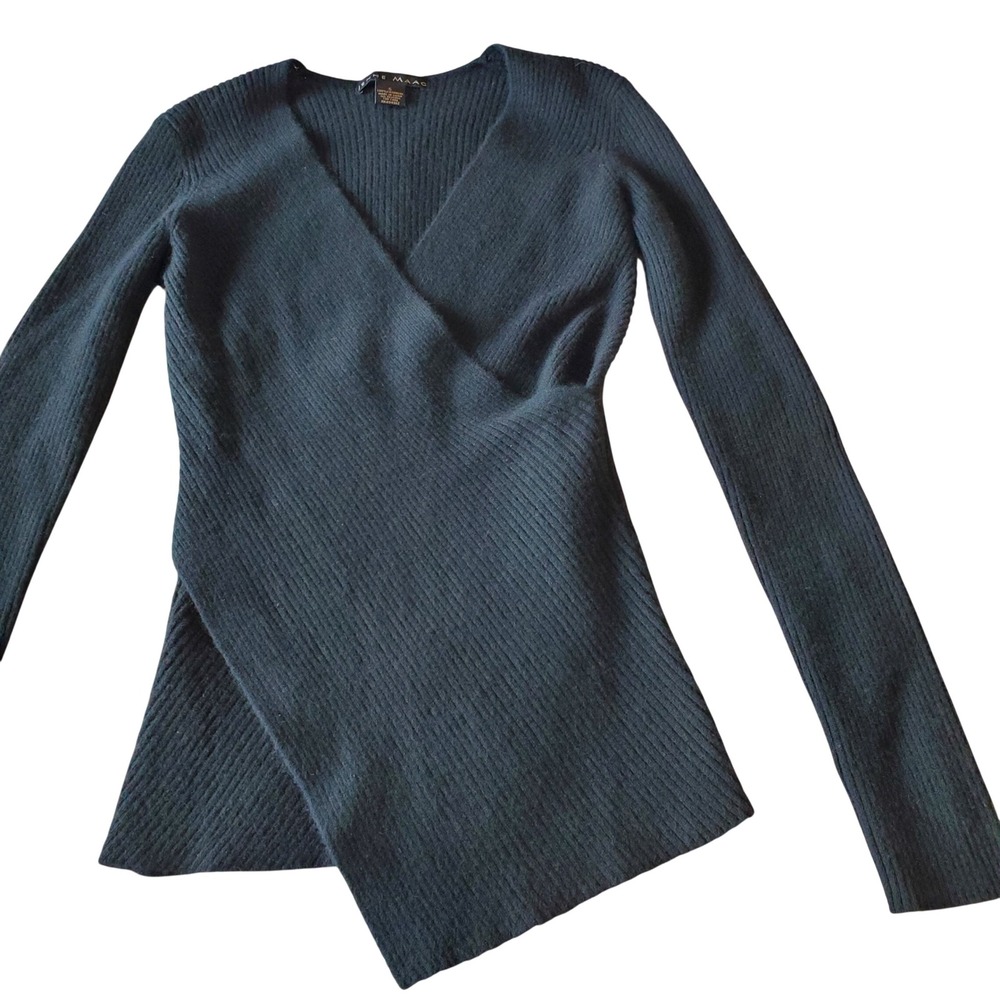 Jenne Maac Black 100% Cashmere‎ Ribbed Wrap V-Neck Asymmetrical Sweater Small